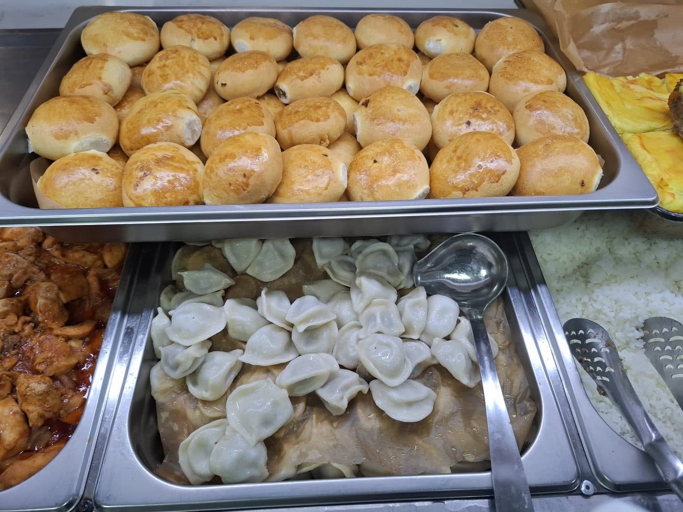 Steamed dumplings and bread on the line