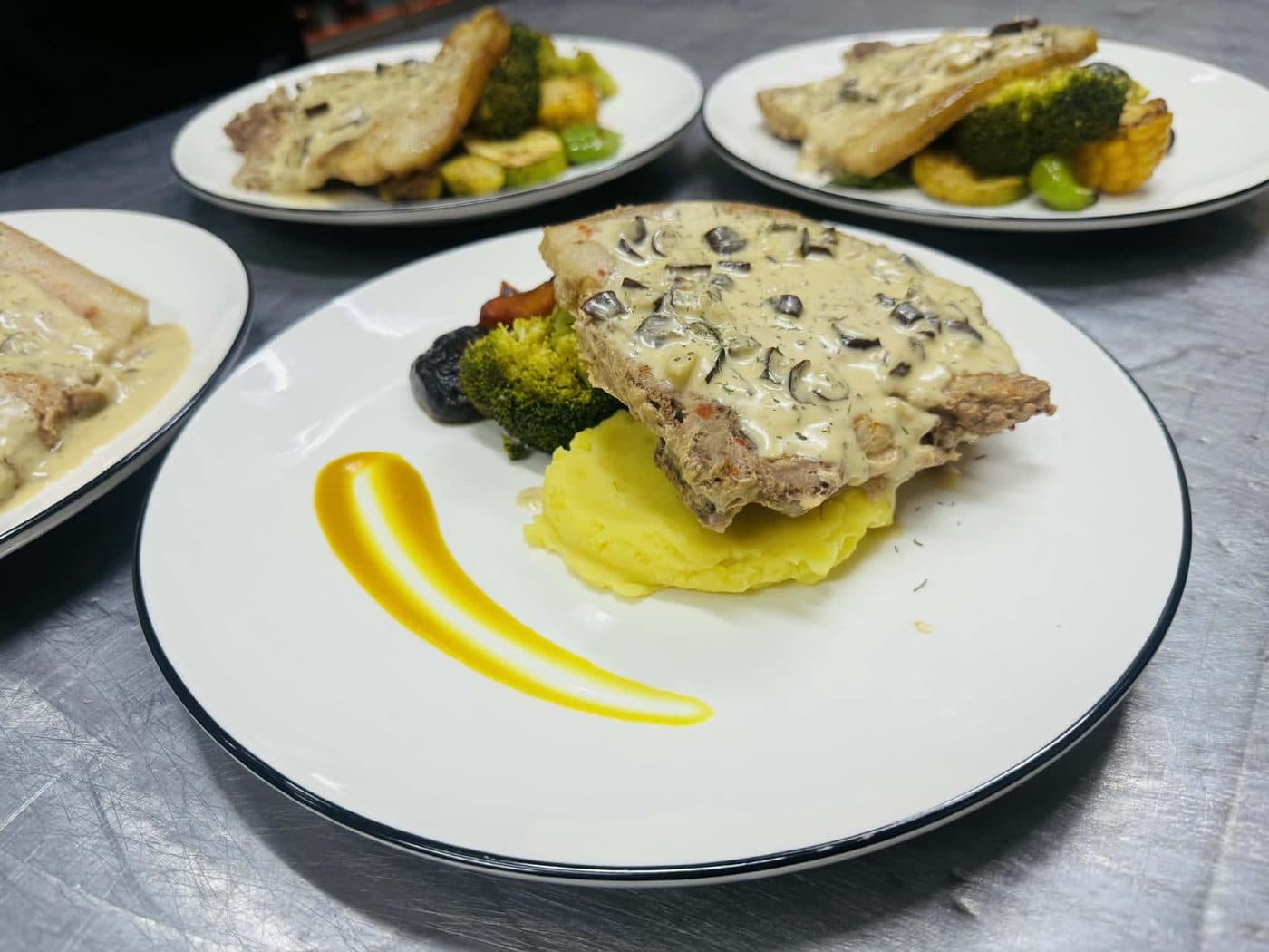 Meat in mushroom sauce with mashed potato